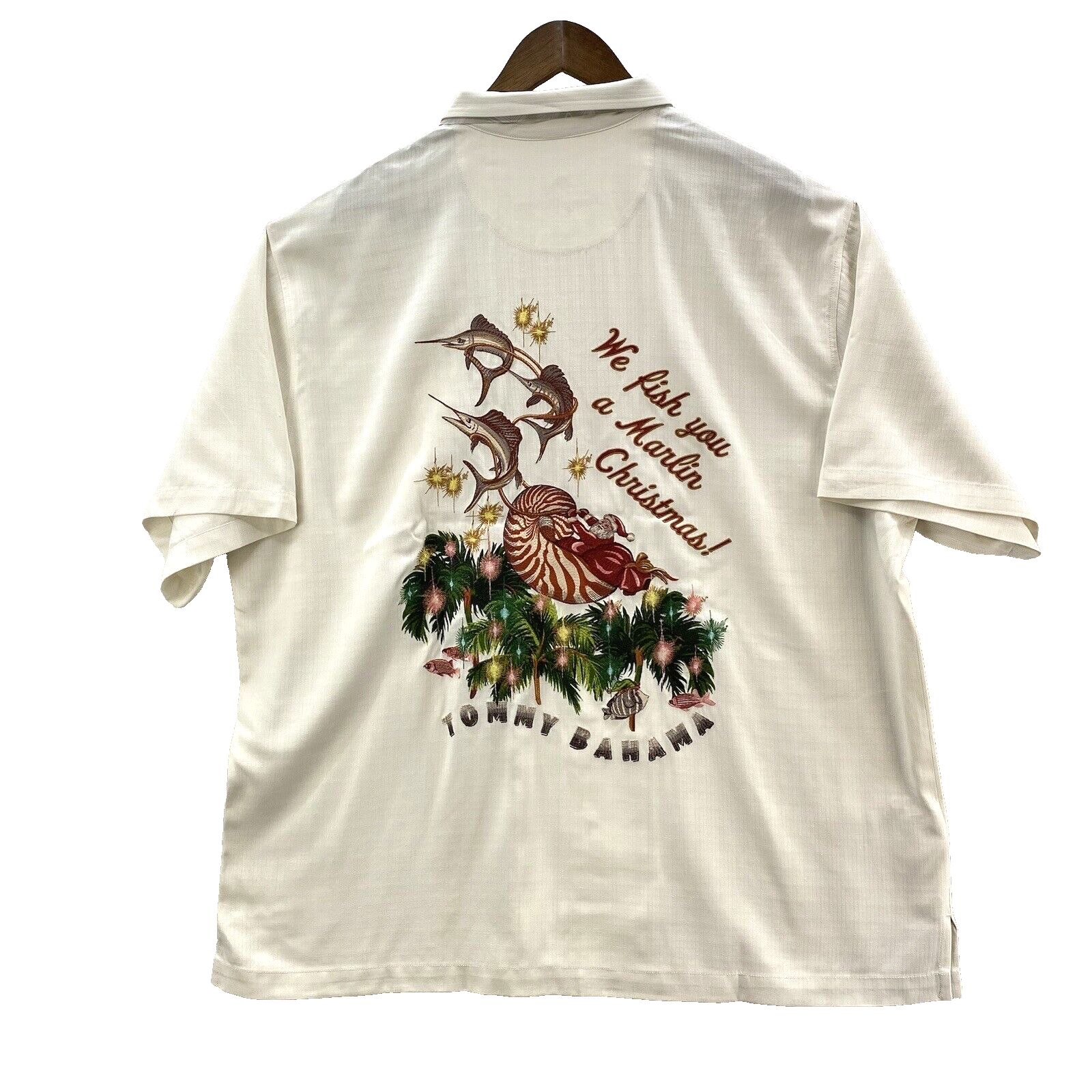 Tommy Bahama Camp Shirt Men 1xlb Cream Silk Preppy Embroidered Marlin Christmas